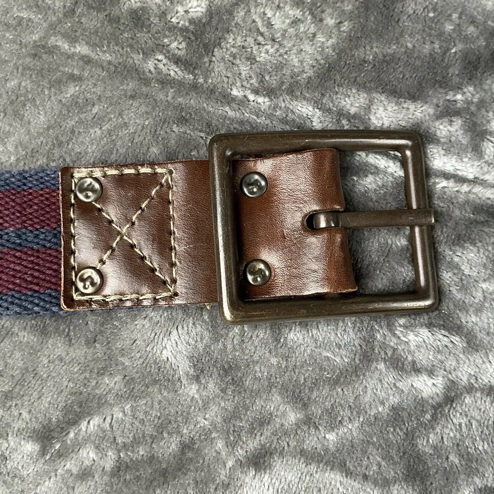Vintage Aeropostale Navy Striped Canvas & Brown Leather Men's Belt Size 40 (?)